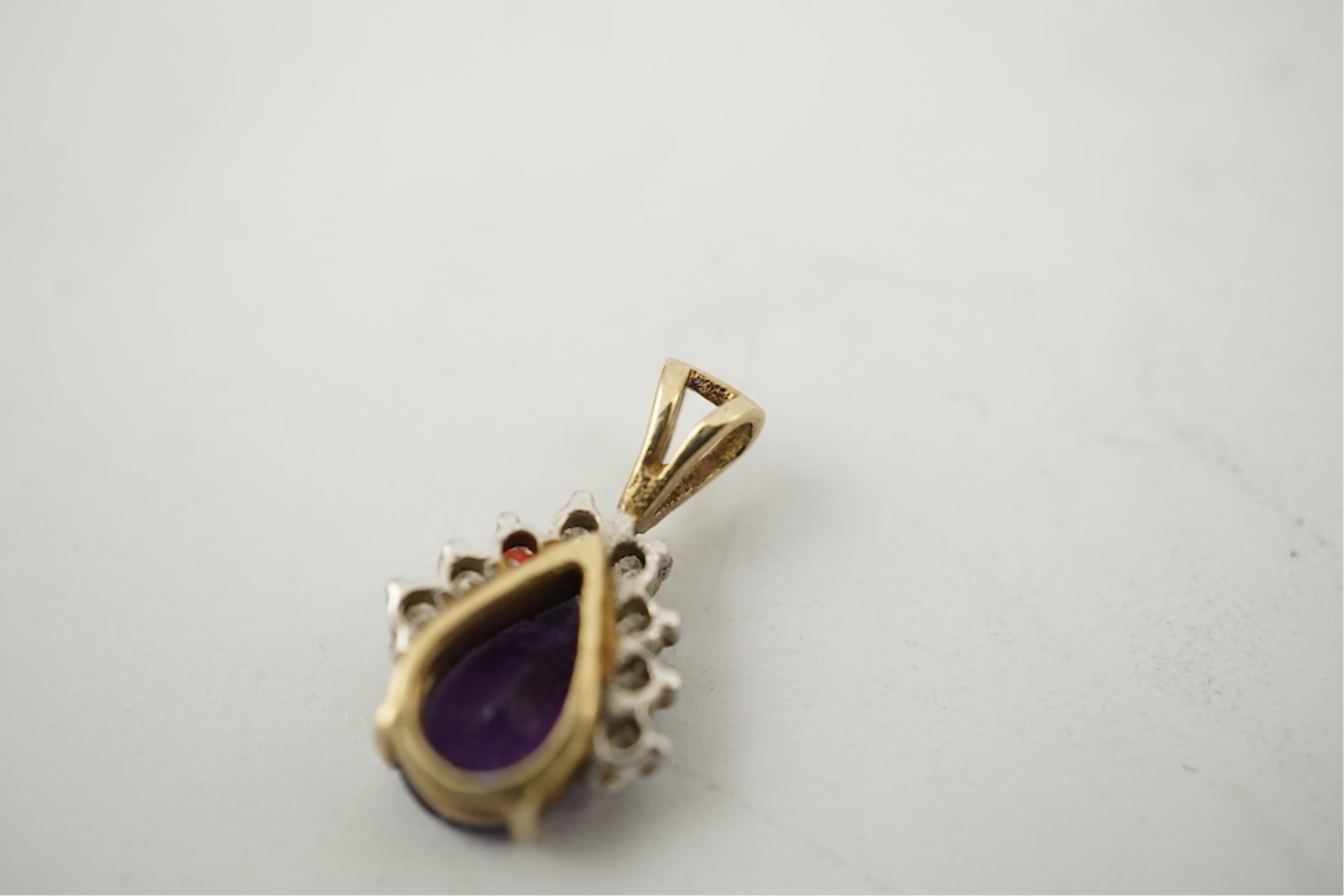 Five assorted modern 375 yellow metal and gem set pendants, a yellow metal and lapis lazuli set pendant (stamped 585?) 40mm, together with a yellow metal dragonfly brooch, a similar small pendant and a white metal bracel